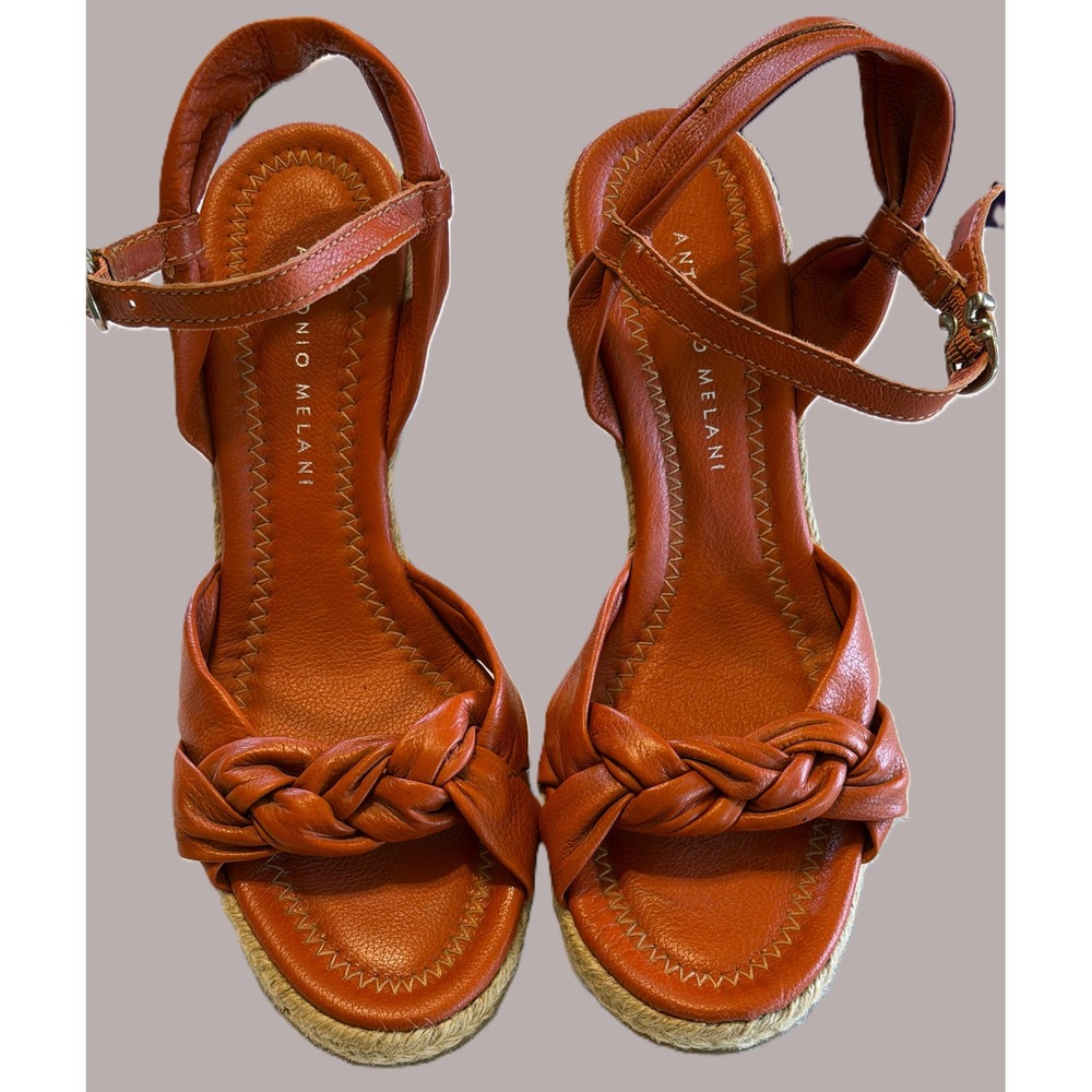 Antonio Melani Braided Espadrille Wedge Sandals Coral Orange‎ Leather Strappy 7M